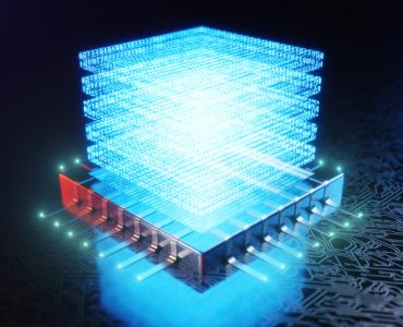 AI - artificial intelligence CPU concept. Hologram above CPU. Machine learning. CPU on the board with glow tracks. Background scientific concept in blue light, 3D illustration
system in package SIP