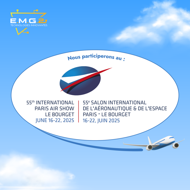 Image sur la présence d'EMG2 au salon Paris Air Show ou SIAE (Salon International de l'Aéronautique et de l'Espace), les 16-19 juin 2025, avec un avion qui entoure le logo du salon