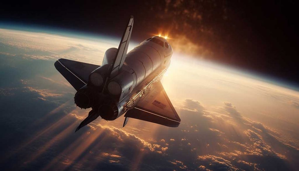EMG2 applications - Rocket-powered spaceship takes off dusk soaring through galaxy generated by ai